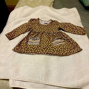 Stitchy Fish baby dress 12 months tan with white leaves long sleeves